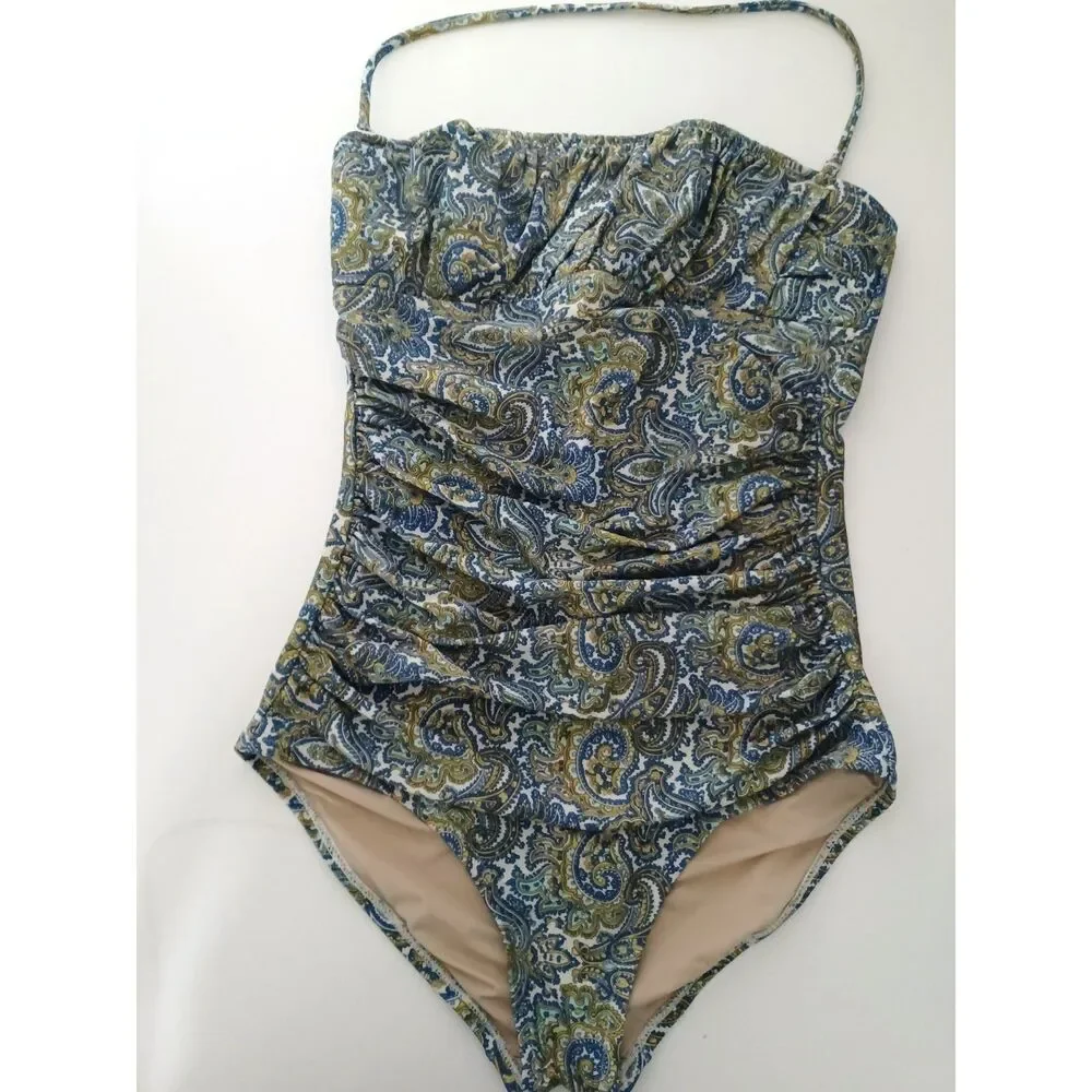 J.Crew Swimsuit One Piece Bandeau Strapless Halter Paisley Size 2 Beach Vacation